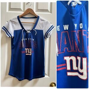 NFL Team Women’s New York Giants NY Mixed Media V Neck Tie Detail Top Medium